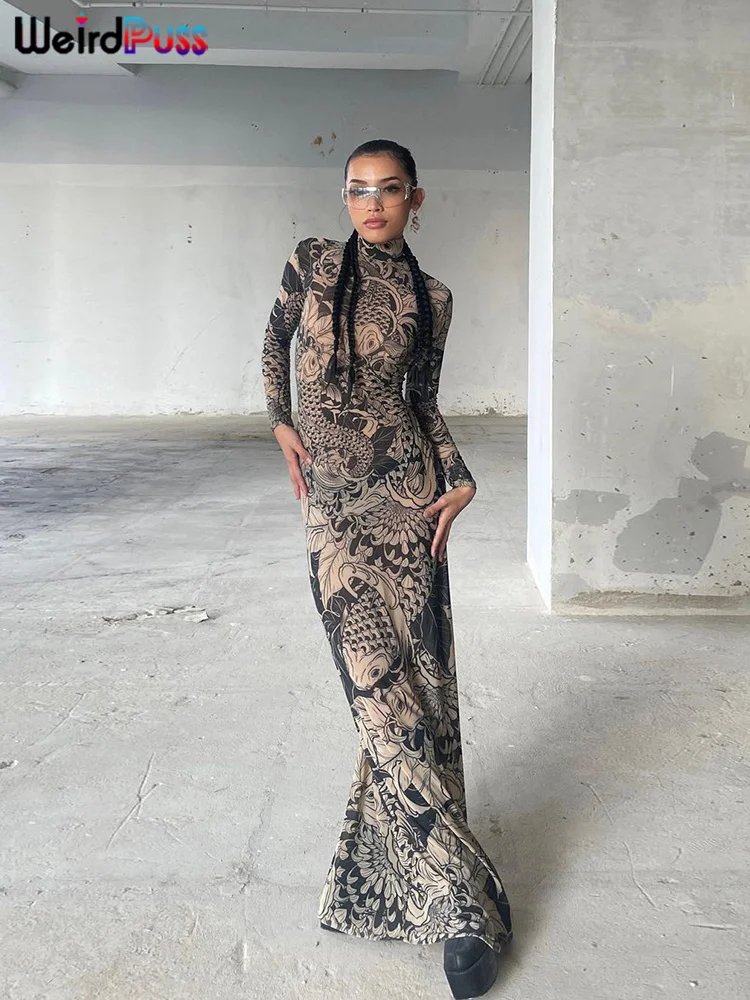 Women's Mesh Print Maxi Dress - Turtleneck Long Sleeve Bodycon Dress