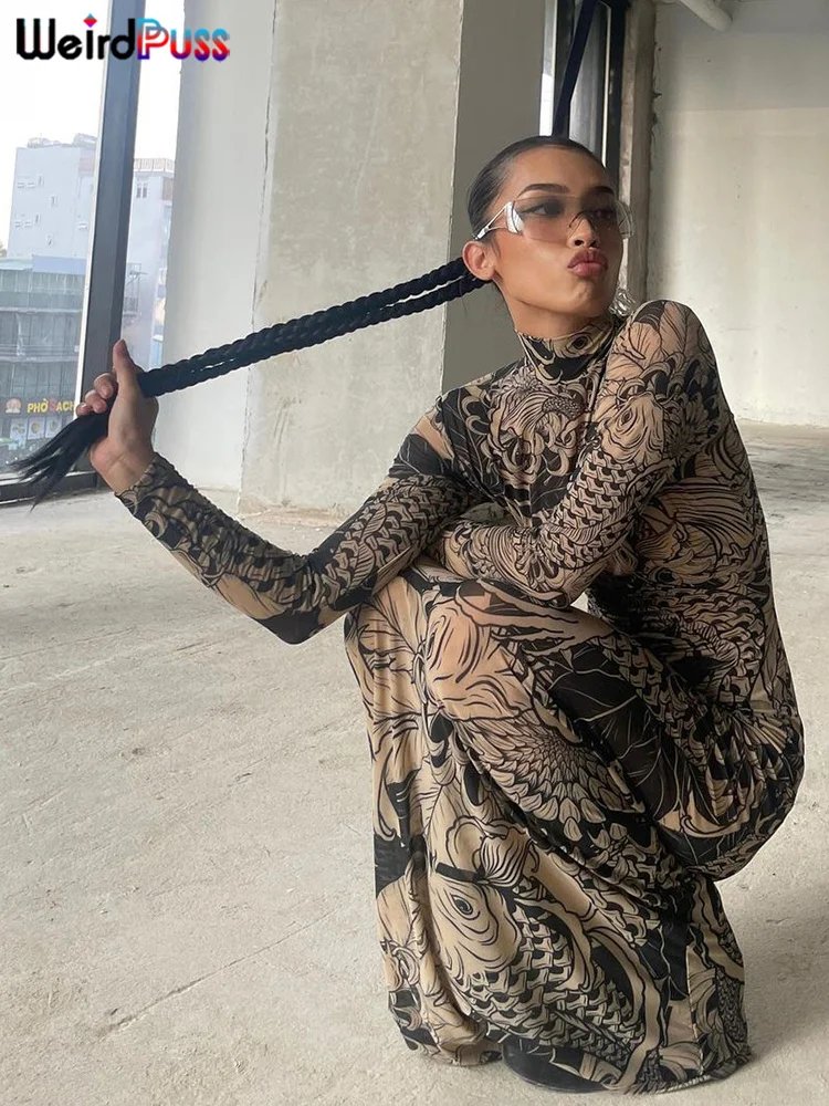 Women's Mesh Print Maxi Dress - Turtleneck Long Sleeve Bodycon Dress