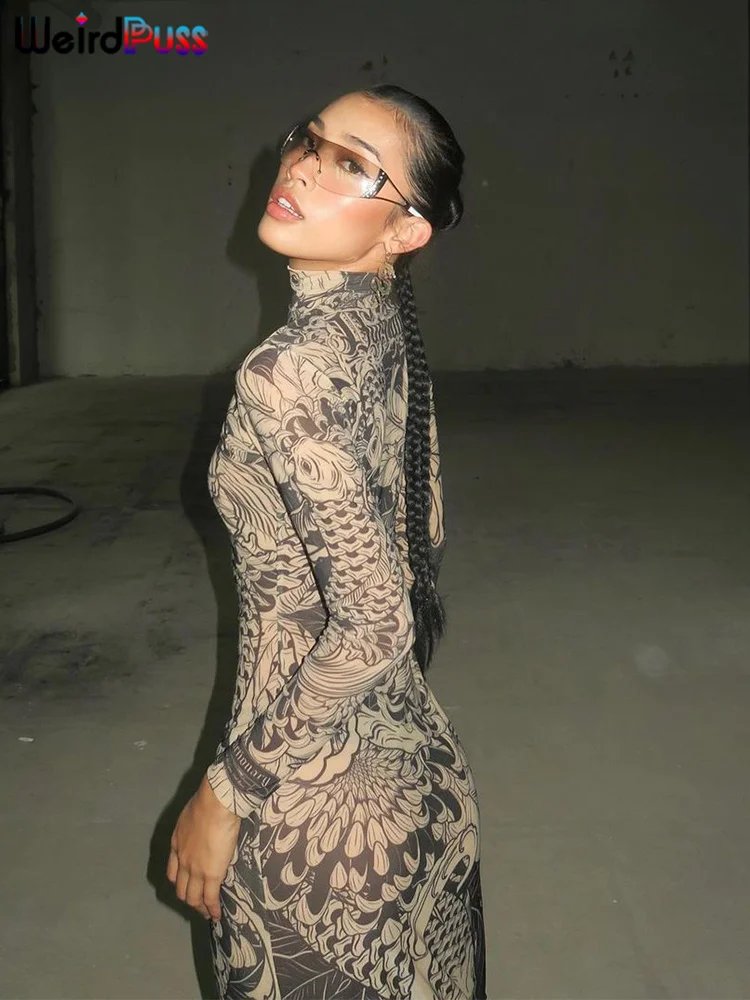 Women's Mesh Print Maxi Dress - Turtleneck Long Sleeve Bodycon Dress