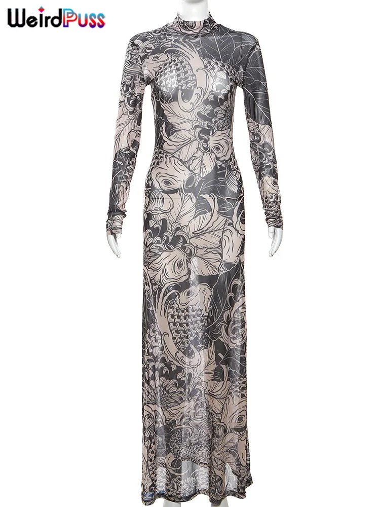 Women's Mesh Print Maxi Dress - Turtleneck Long Sleeve Bodycon Dress