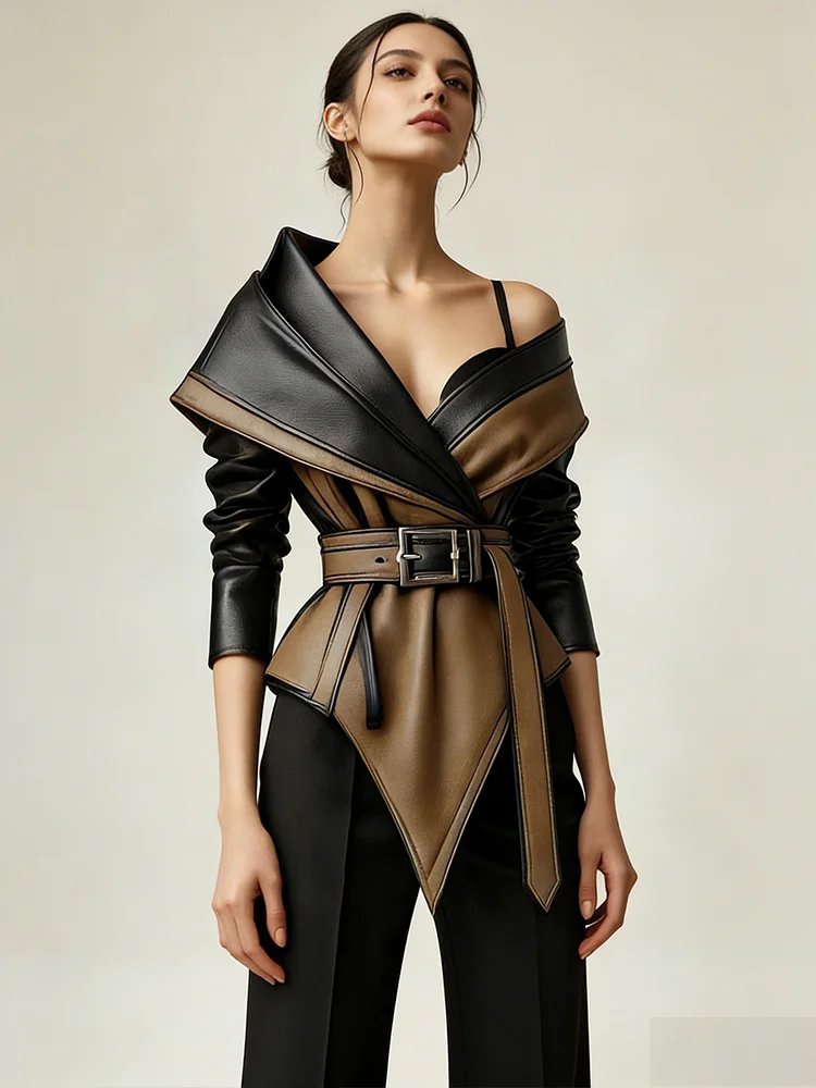 Women's Off Shoulder Leather Top - Belted Lapel Long Sleeve Outerwear