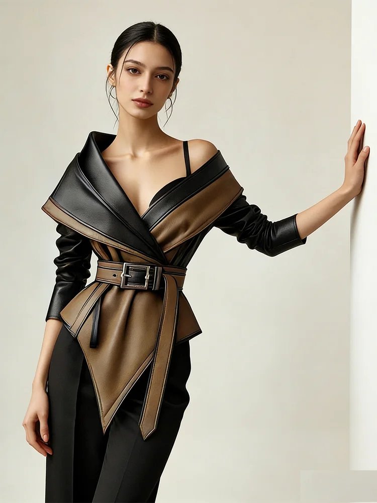Women's Off Shoulder Leather Top - Belted Lapel Long Sleeve Outerwear