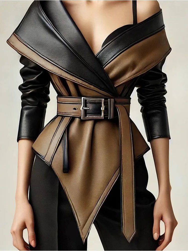 Women's Off Shoulder Leather Top - Belted Lapel Long Sleeve Outerwear