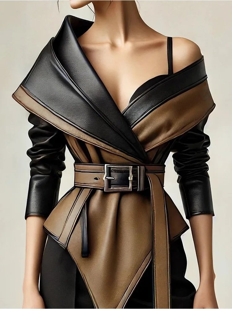 Women's Off Shoulder Leather Top - Belted Lapel Long Sleeve Outerwear