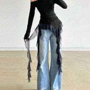 Women's Off Shoulder Ruffle Top - Long Sleeve Tassel T-Shirt
