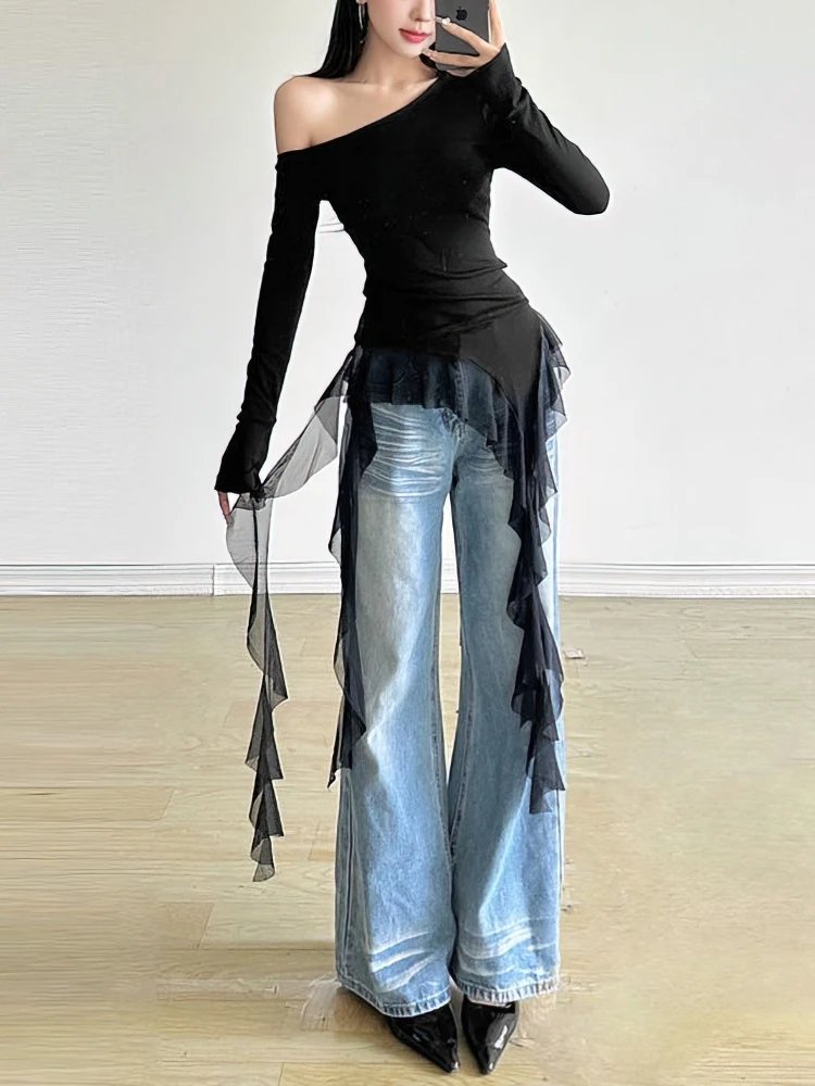 Women's Off Shoulder Ruffle Top - Long Sleeve Tassel T-Shirt