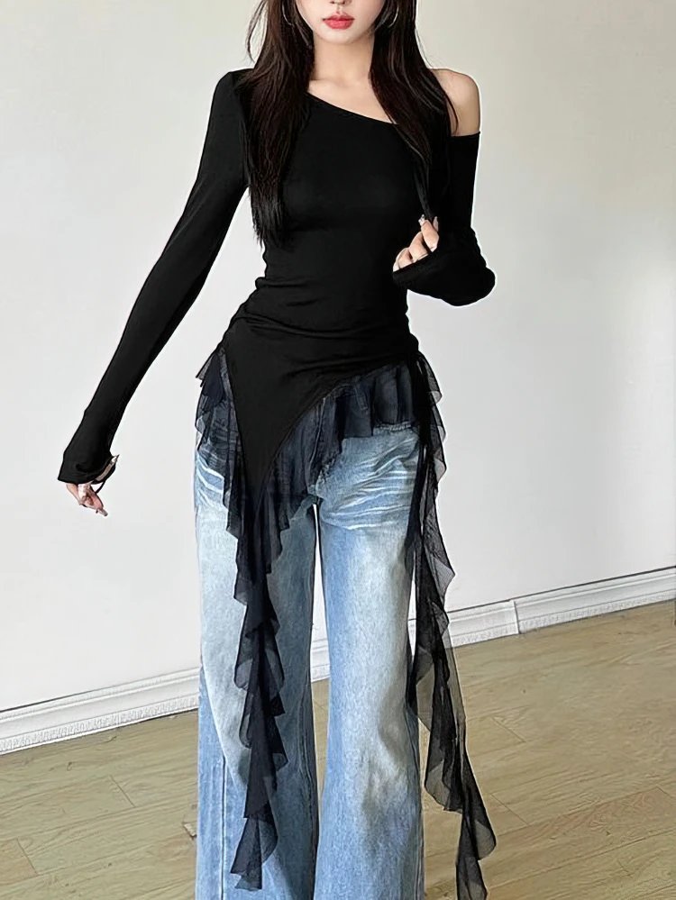 Women's Off Shoulder Ruffle Top - Long Sleeve Tassel T-Shirt
