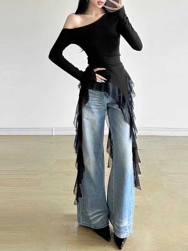 Women's Off Shoulder Ruffle Top - Long Sleeve Tassel T-Shirt