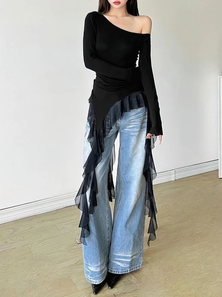 Women's Off Shoulder Ruffle Top - Long Sleeve Tassel T-Shirt