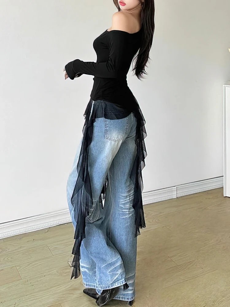 Women's Off Shoulder Ruffle Top - Long Sleeve Tassel T-Shirt