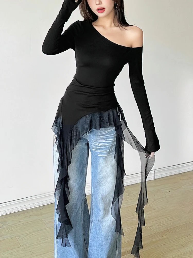 Women's Off Shoulder Ruffle Top - Long Sleeve Tassel T-Shirt