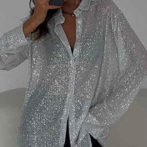 Women's Plus Size Sequin Shirt - Vintage Collared Long Sleeve Top