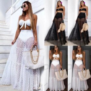 Women's Polka Dot Mesh Maxi Skirt - Korean Y2K High Waist Lace Skirt