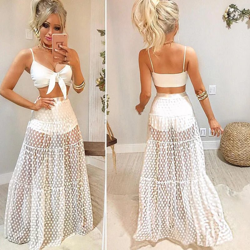 Women's Polka Dot Mesh Maxi Skirt - Korean Y2K High Waist Lace Skirt