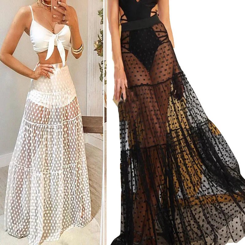 Women's Polka Dot Mesh Maxi Skirt - Korean Y2K High Waist Lace Skirt