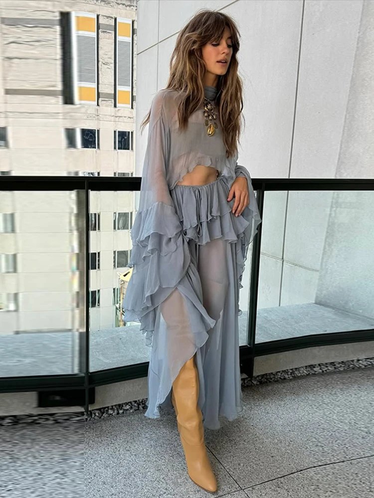 Women's Ruffle Crop Top & Pleated Skirt Set - Sheer Summer Suit