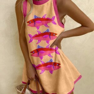 Women's Sardine Print Mini Dress - Sleeveless Summer Beach Dress