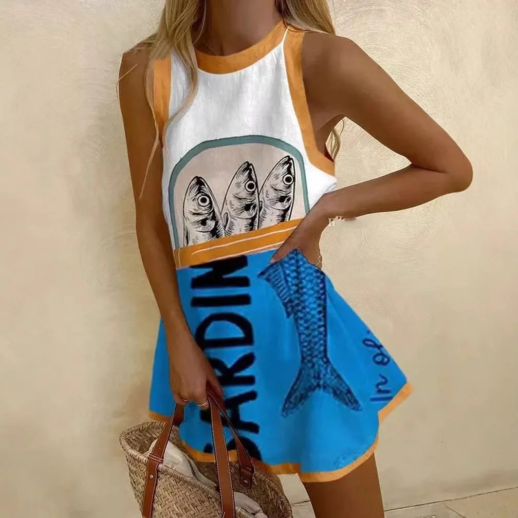 Women's Sardine Print Mini Dress - Sleeveless Summer Beach Dress