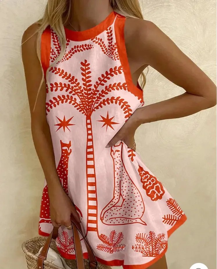 Women's Sardine Print Mini Dress - Sleeveless Summer Beach Dress