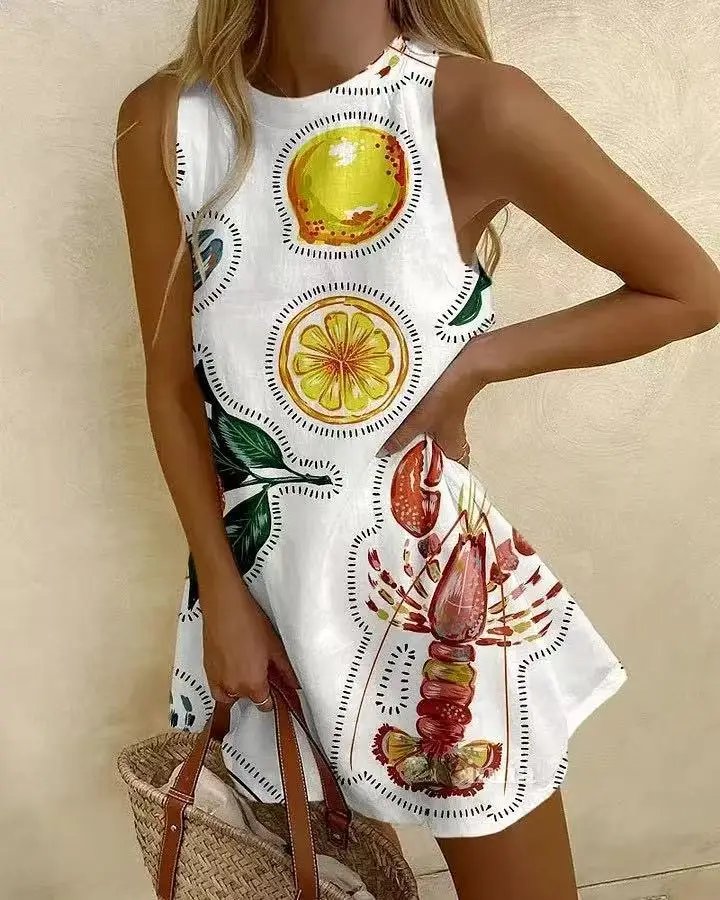 Women's Sardine Print Mini Dress - Sleeveless Summer Beach Dress
