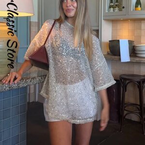 Women's Sequin See-Through T-Shirt - Hollow Out Oversize Summer Top