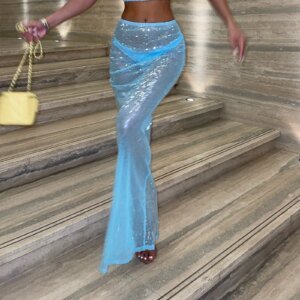 Women's Sequin Sheer Maxi Skirt - Y2K Bodycon Party Skirt