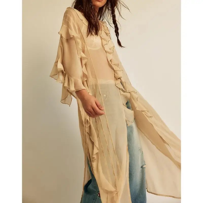 Women's Sheer Cardigan Cover-Up - V-Neck Boho Beach Long Shirt Dress