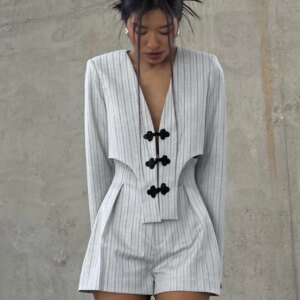 Women's Striped 2-Piece Set - Long Sleeve Top & High Waist Shorts