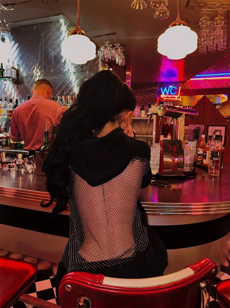 Women's Translucent Mesh Hoodie - Y2K Hollow Pullover Sweatshirt