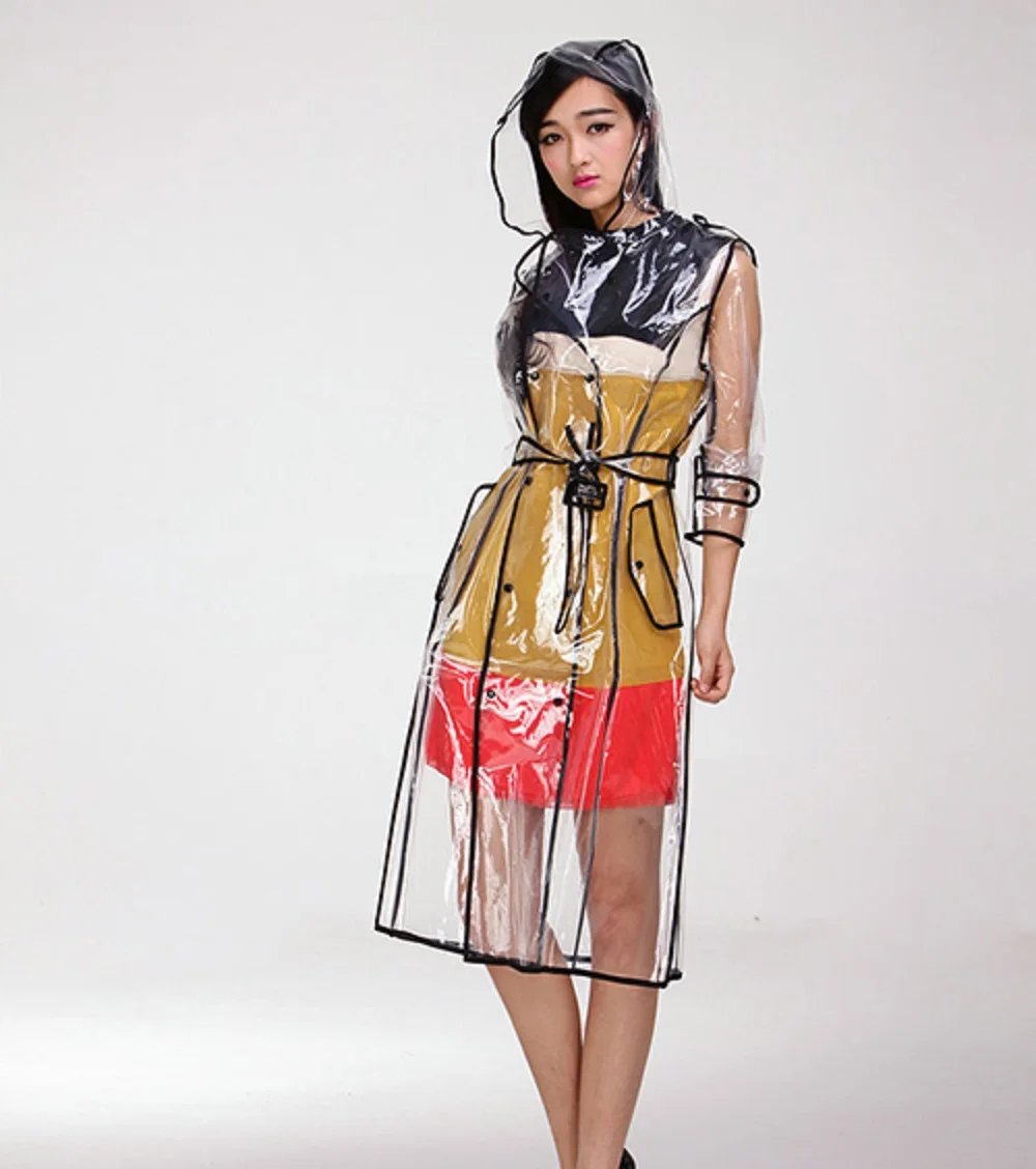 Women's Transparent Raincoat - Long Hooded Clear PVC Rain Jacket
