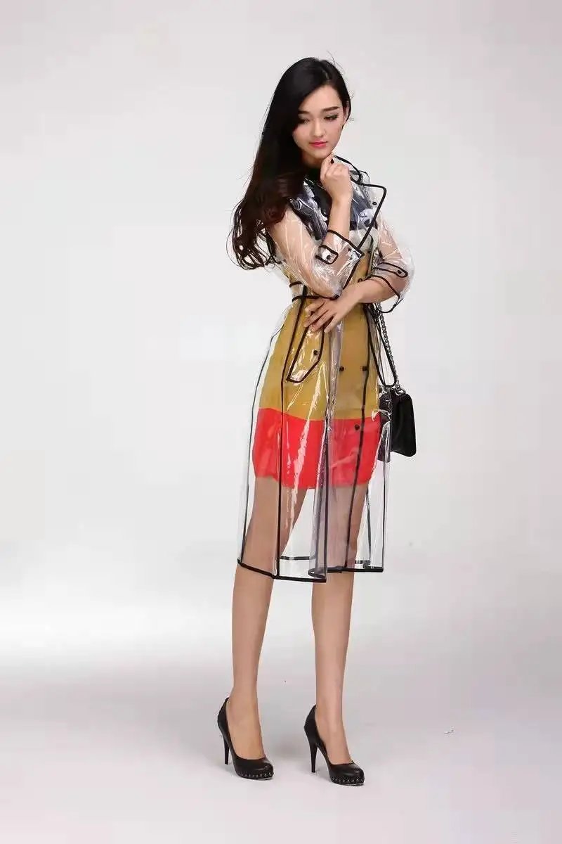 Women's Transparent Raincoat - Long Hooded Clear PVC Rain Jacket