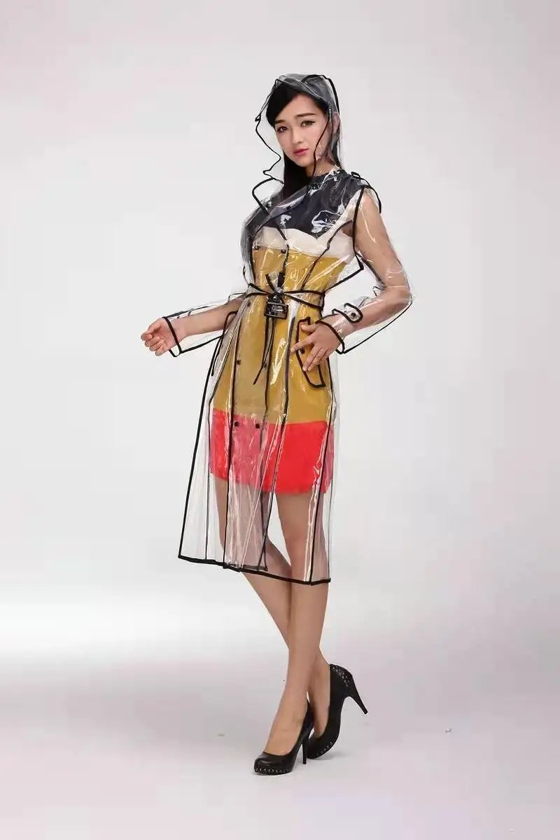Women's Transparent Raincoat - Long Hooded Clear PVC Rain Jacket