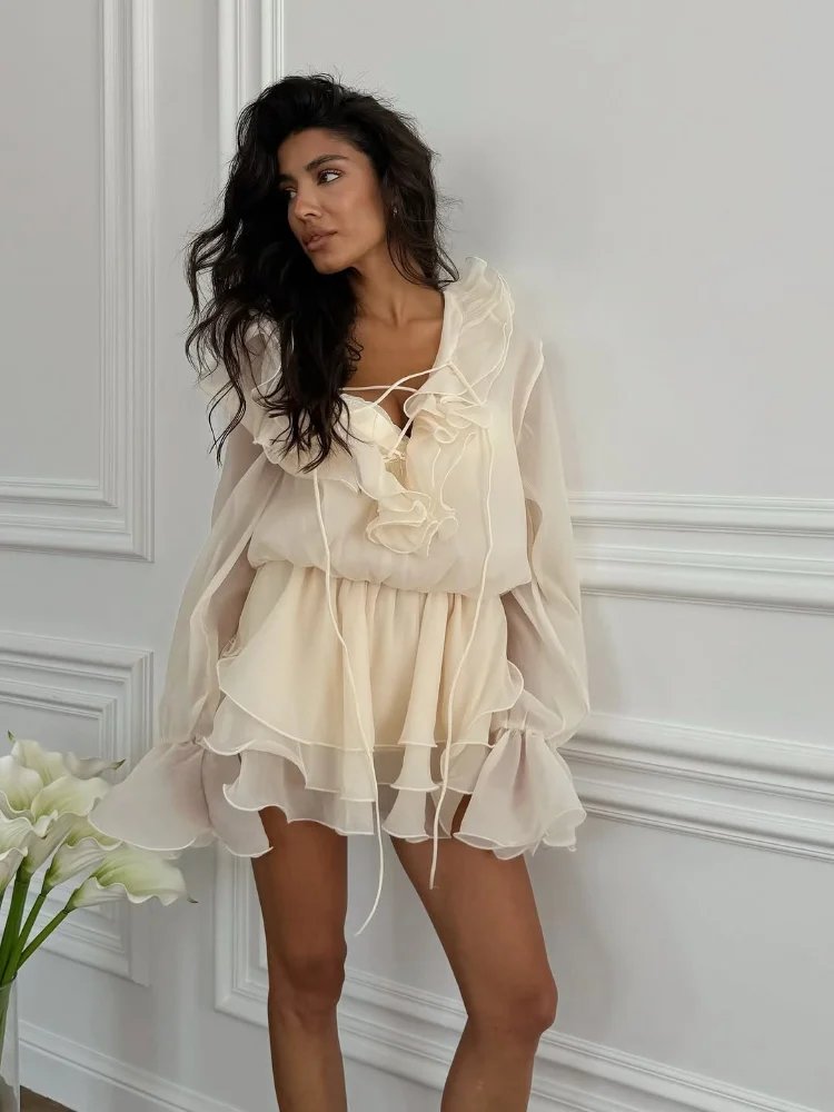 Women's V-Neck Stacked Flounce Dress - Lace Up A-Line Short Dress