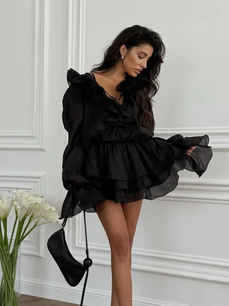 Women's V-Neck Stacked Flounce Dress - Lace Up A-Line Short Dress
