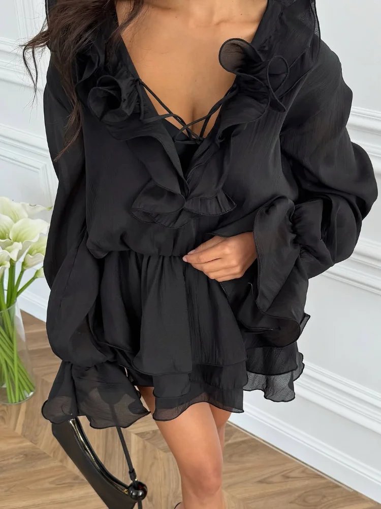 Women's V-Neck Stacked Flounce Dress - Lace Up A-Line Short Dress