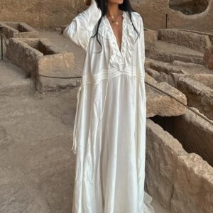 Women's White Ruffle Long Dress - V-Neck Pleated Holiday Maxi Dress