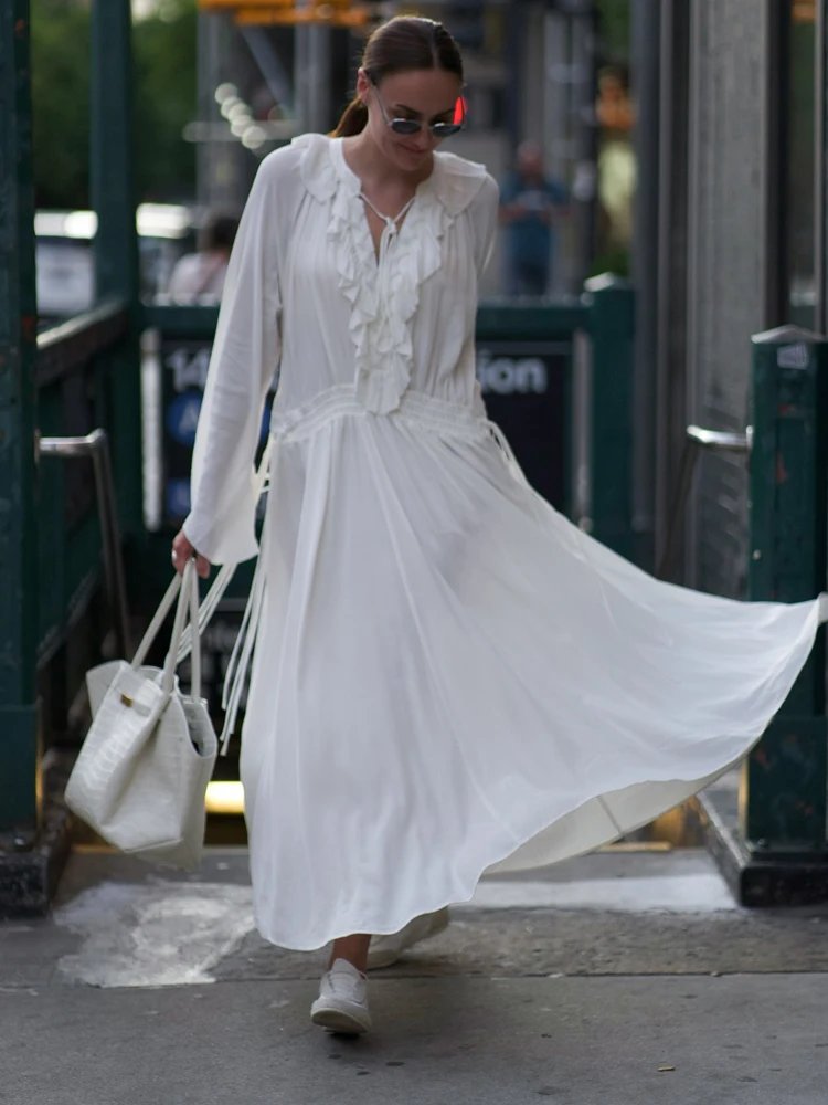 Women's White Ruffle Long Dress - V-Neck Pleated Holiday Maxi Dress