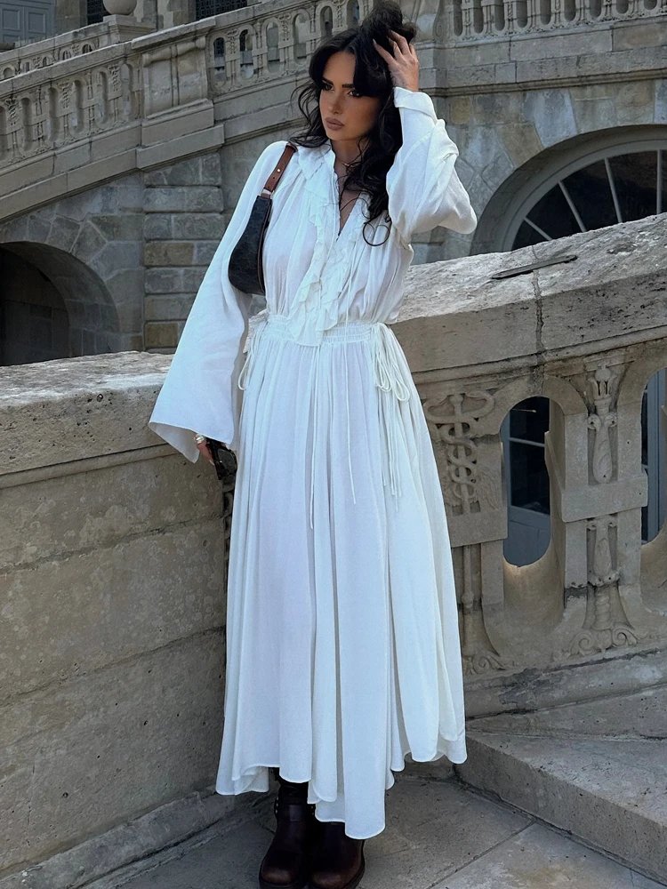 Women's White Ruffle Long Dress - V-Neck Pleated Holiday Maxi Dress