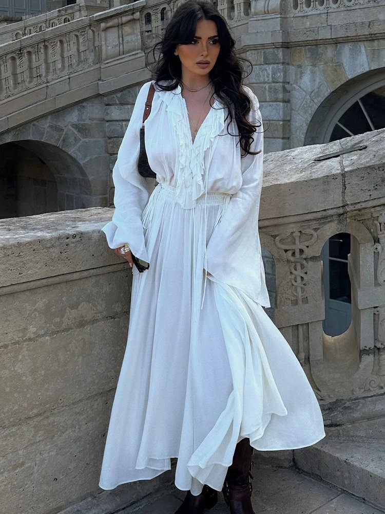 Women's White Ruffle Long Dress - V-Neck Pleated Holiday Maxi Dress