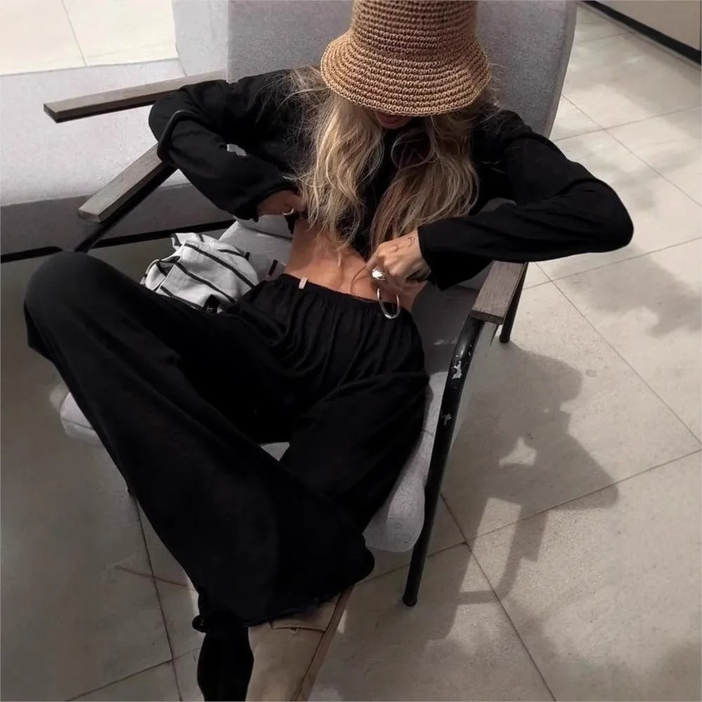 Women's White T-Shirt & Trousers Set - Long Sleeve Casual Home Suit