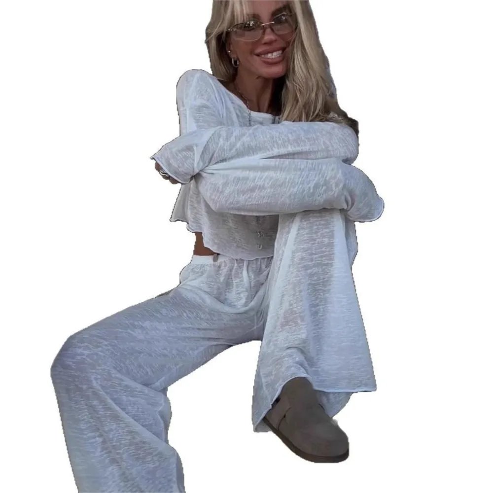 Women's White T-Shirt & Trousers Set - Long Sleeve Casual Home Suit
