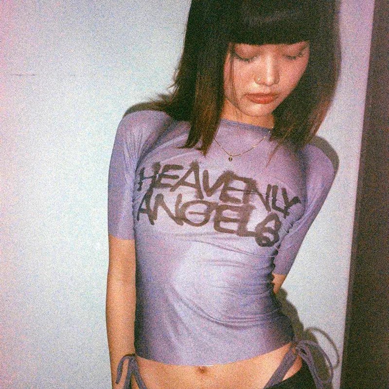 Women's Y2K Letter Print Tee - See-Through Graphic Crop T-Shirt