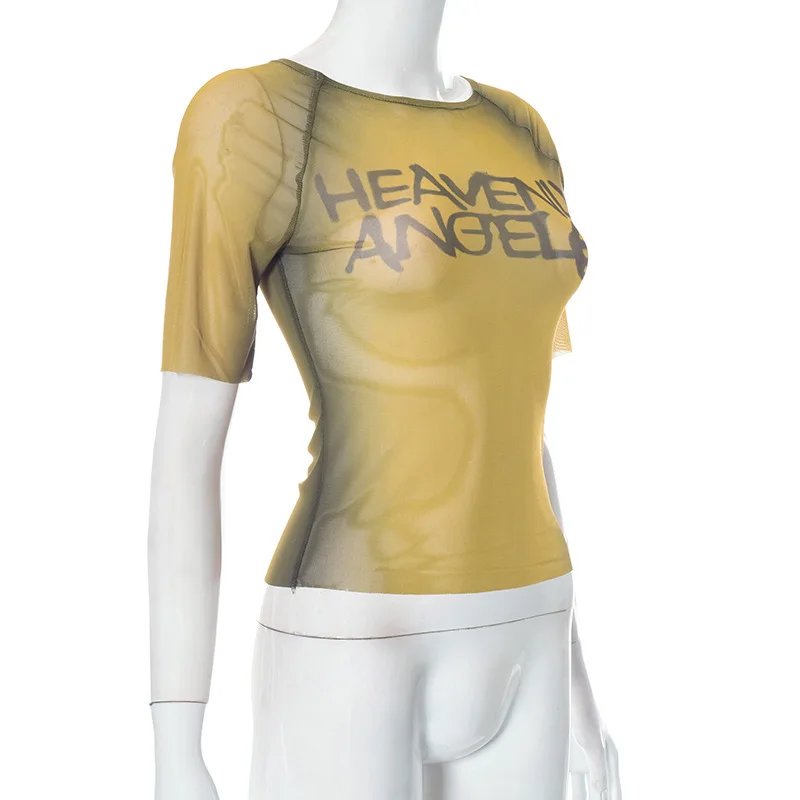Women's Y2K Letter Print Tee - See-Through Graphic Crop T-Shirt